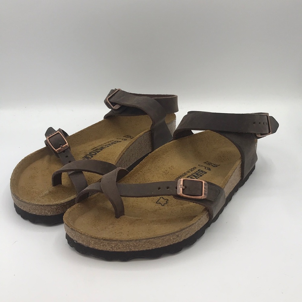 Birkenstock Brown Leather Sandals with Rose Gold Buckles